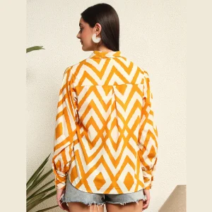 Yellow & White Diamond Print Women's Button Shirt - Image 7