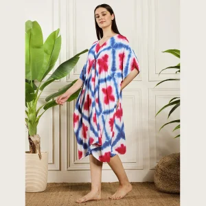 Beautiful Tie Dye Print Rayon Sundress Blue Pink Kaftan - Image 4