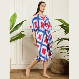 Beautiful Tie Dye Print Rayon Sundress Blue Pink Kaftan - Image 3