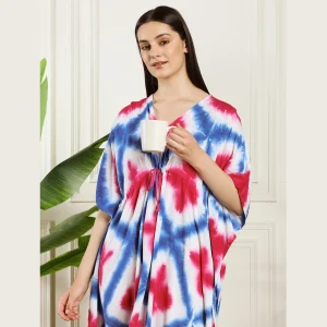 Beautiful Tie Dye Print Rayon Sundress Blue Pink Kaftan - Image 5