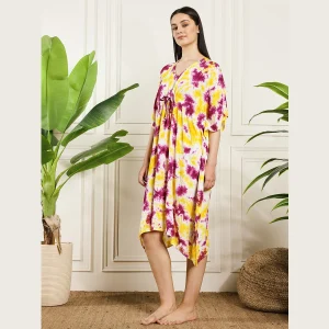 Beautiful Yellow & Purple Tie Dye Printed Kimono Kaftan - Image 4