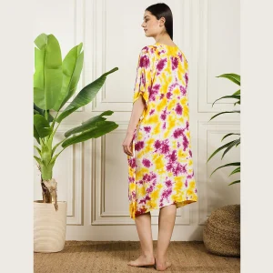 Beautiful Yellow & Purple Tie Dye Printed Kimono Kaftan - Image 5