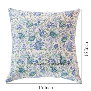 Hand Block Print Canvas Cushion Cover Blue Floral - Image 6