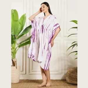 Luxury Purple Tie Dye Print Beach Short Caftan Dress - Image 3