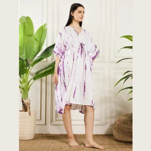 Luxury Purple Tie Dye Print Beach Short Caftan Dress - Image 4