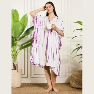 Luxury Purple Tie Dye Print Beach Short Caftan Dress - Image 5