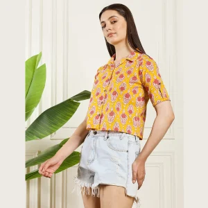 Premium Cotton Basic Short Sleeve Shirt Yellow Floral Print - Image 3