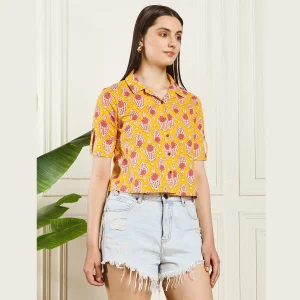 Premium Cotton Basic Short Sleeve Shirt Yellow Floral Print - Image 4