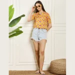 Premium Cotton Basic Short Sleeve Shirt Yellow Floral Print - Image 6