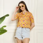 Premium Cotton Basic Short Sleeve Shirt Yellow Floral Print