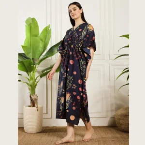 Summer Loose Night Wear Dress Beautiful Blue Floral Print Long Kaftan - Image 3