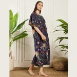Summer Loose Night Wear Dress Beautiful Blue Floral Print Long Kaftan - Image 4