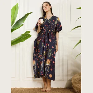 Summer Loose Night Wear Dress Beautiful Blue Floral Print Long Kaftan - Image 5