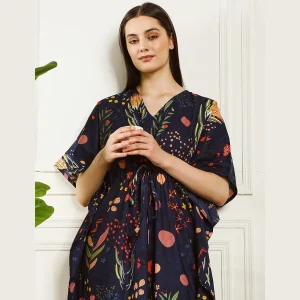 Summer Loose Night Wear Dress Beautiful Blue Floral Print Long Kaftan - Image 6