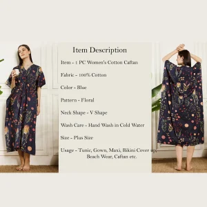 Summer Loose Night Wear Dress Beautiful Blue Floral Print Long Kaftan - Image 10