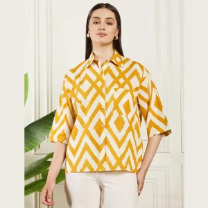 Summer Oversized Cotton Shirt Women Yellow Diamond Print Shirts - Image 3