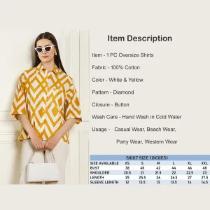 Summer Oversized Cotton Shirt Women Yellow Diamond Print Shirts - Image 10