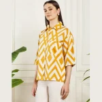 Summer Oversized Cotton Shirt Women Yellow Diamond Print Shirts - Image 4