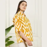 Summer Oversized Cotton Shirt Women Yellow Diamond Print Shirts - Image 5