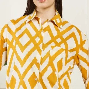 Summer Oversized Cotton Shirt Women Yellow Diamond Print Shirts - Image 8