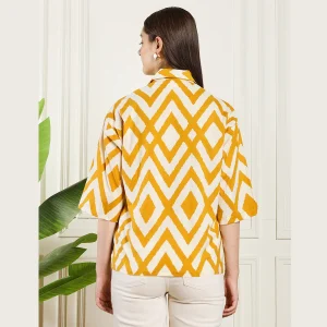 Summer Oversized Cotton Shirt Women Yellow Diamond Print Shirts - Image 9