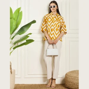 Summer Oversized Cotton Shirt Women Yellow Diamond Print Shirts - Image 6