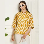 Summer Oversized Cotton Shirt Women Yellow Diamond Print Shirts - Image 2