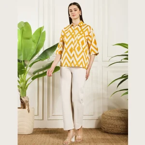 Summer Oversized Cotton Shirt Women Yellow Diamond Print Shirts - Image 7