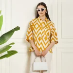 Summer Oversized Cotton Shirt Women Yellow Diamond Print Shirts