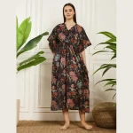 Traditional Block Birds Print Maxi Dress Women's Black Kaftan - Image 2