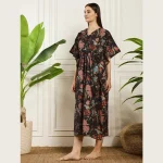Traditional Block Birds Print Maxi Dress Women's Black Kaftan - Image 3