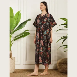 Traditional Block Birds Print Maxi Dress Women's Black Kaftan - Image 3