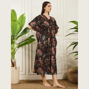 Traditional Block Birds Print Maxi Dress Women's Black Kaftan - Image 4