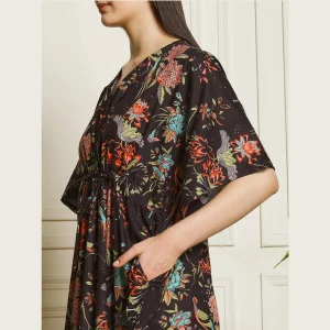 Traditional Block Birds Print Maxi Dress Women's Black Kaftan - Image 6