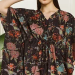 Traditional Block Birds Print Maxi Dress Women's Black Kaftan - Image 7