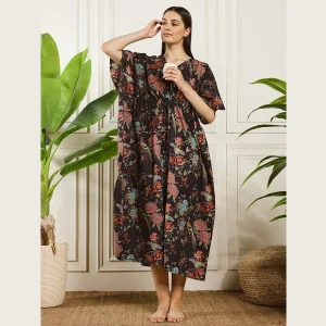 Traditional Block Birds Print Maxi Dress Women's Black Kaftan - Image 5