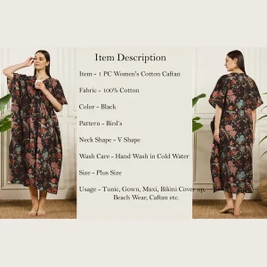 Traditional Block Birds Print Maxi Dress Women's Black Kaftan - Image 9
