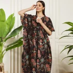 Traditional Block Birds Print Maxi Dress Women's Black Kaftan