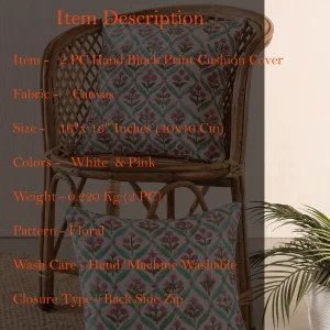Traditional Hand Block Floral Printed Cushion Cover 16" - Image 7