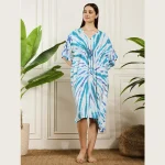Turquoise Tie Dye Print Caftan Beach Wear Rayon Loose Fit Dress - Image 2