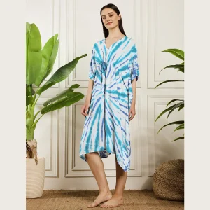 Turquoise Tie Dye Print Caftan Beach Wear Rayon Loose Fit Dress - Image 3