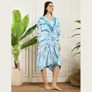 Turquoise Tie Dye Print Caftan Beach Wear Rayon Loose Fit Dress - Image 4