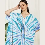 Turquoise Tie Dye Print Caftan Beach Wear Rayon Loose Fit Dress - Image 7