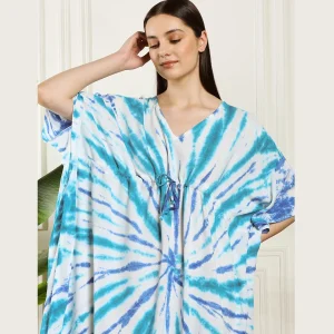 Turquoise Tie Dye Print Caftan Beach Wear Rayon Loose Fit Dress - Image 7