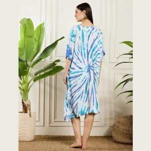 Turquoise Tie Dye Print Caftan Beach Wear Rayon Loose Fit Dress - Image 8