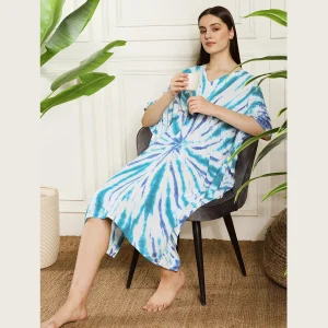 Turquoise Tie Dye Print Caftan Beach Wear Rayon Loose Fit Dress - Image 5