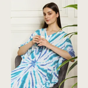 Turquoise Tie Dye Print Caftan Beach Wear Rayon Loose Fit Dress - Image 6