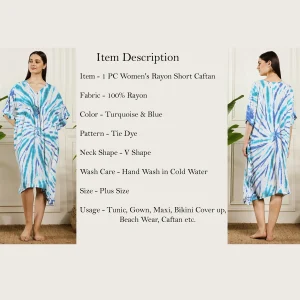 Turquoise Tie Dye Print Caftan Beach Wear Rayon Loose Fit Dress - Image 9