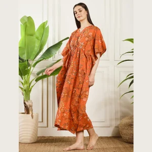 Women Beach Wear Caftan Orange Floral Print - Image 3