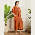 Women Beach Wear Caftan Orange Floral Print - Image 4
